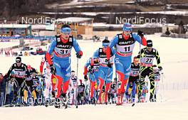 05.01.2013, Val di Fiemme, Italy (ITA): l-r: Andrey Larkov (RUS), Alexander Bessmertnykh (RUS), Jean Marc Gaillard (FRA) - FIS world cup cross-country, tour de ski, mass men, Val di Fiemme (ITA). www.nordicfocus.com. © Felgenhauer/NordicFocus. Every downloaded picture is fee-liable.