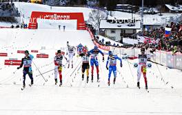 05.01.2013, Val di Fiemme, Italy (ITA): final sprint with Alexey Poltoranin (KAZ), Alex Harvey (CAN), Tobias Angerer (GER), Alexander Legkov (RUS), Giorgio Di Centa (ITA), Len Valjas (CAN) - FIS world cup cross-country, tour de ski, mass men, Val di Fiemme (ITA). www.nordicfocus.com. © Felgenhauer/NordicFocus. Every downloaded picture is fee-liable.