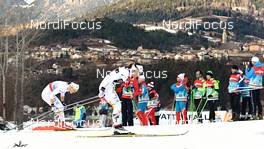 05.01.2013, Val di Fiemme, Italy (ITA): l-r: Anna Haag (SWE), Charlotte Kalla (SWE) passes Tesero panorama - FIS world cup cross-country, tour de ski, mass women, Val di Fiemme (ITA). www.nordicfocus.com. © Felgenhauer/NordicFocus. Every downloaded picture is fee-liable.