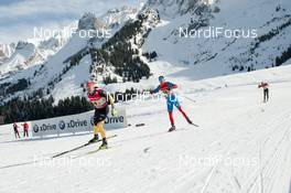 20.01.2013, La Clusaz, France (FRA): Tobias Angerer (GER) Fischer, Rottefella, adidas, One Way, Sergey Turyshev (RUS)  - FIS world cup cross-country, 4x7.5km men, La Clusaz (FRA). www.nordicfocus.com. © Becker/NordicFocus. Every downloaded picture is fee-liable.