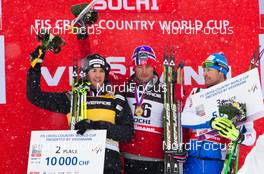 01.02.2013, Sochi, Russia (RUS): l-r Dario Cologna (SUI), Fischer, Swix, Alpina, Rottefella, Odlo, Petter Northug (NOR), Fischer, Rottefella, Alpina, Ski Go, Swix, Daniel Hofer (AUT), Fischer, Rottefella, Leki  - FIS world cup cross-country, individual sprint, Sochi (RUS). www.nordicfocus.com. © Merkushev/NordicFocus. Every downloaded picture is fee-liable.