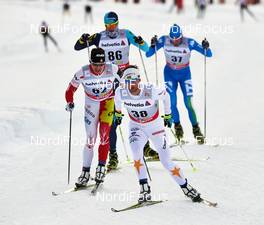 17.02.2013, Davos, Switzerland (SUI): l-r: Alex Harvey (CAN), Alexey Poltoranin (KAZ), Anders Soedergren (SWE) - FIS world cup cross-country, 15km men, Davos (SUI). www.nordicfocus.com. © Felgenhauer/NordicFocus. Every downloaded picture is fee-liable.