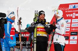 17.02.2013, Davos, Switzerland (SUI): l-r: Alexander Legkov (RUS), Dario Cologna (SUI), Johan Olsson (SWE) - FIS world cup cross-country, 15km men, Davos (SUI). www.nordicfocus.com. © Felgenhauer/NordicFocus. Every downloaded picture is fee-liable.