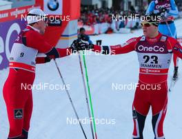 13.03.2013, Drammen, Norway (NOR): (l-r) John Kristian Dahl (NOR), Madshus, Swix, Alpina, Rottefella and Oeystein Pettersen (NOR), Rossignol, KV+, Rottefella, Swix - FIS world cup cross-country, individual sprint, Drammen (NOR). www.nordicfocus.com. © Laiho/NordicFocus. Every downloaded picture is fee-liable.