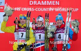 13.03.2013, Drammen, Norway (NOR): (l-r) Alexey Poltoranin (KAZ), Fischer, Swix, Rottefella, Petter Northug (NOR), Fischer, Swix, Alpina, Rottefella and Nikita Kriukov (RUS), Rossignol, Swix, Rottefella, Adidas - FIS world cup cross-country, individual sprint, Drammen (NOR). www.nordicfocus.com. © Laiho/NordicFocus. Every downloaded picture is fee-liable.