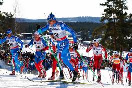 23.03.2013, Falun, Sweden (SWE): Giorgio Di Centa (ITA), Dmitriy Japarov (RUS), Dietmar Noeckler (ITA), Eldar Roenning (NOR), Paal Golberg (NOR), (l-r) - FIS world cup cross-country, mass men, Falun (SWE). www.nordicfocus.com. © Felgenhauer/NordicFocus. Every downloaded picture is fee-liable.