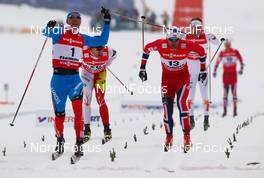 21.02.2013, Val di Fiemme, Italy (ITA): (l-r) Nikita Kriukov (RUS), Rossignol, Swix, Rottefella, Adidas, Alex Harvey (CAN), Fischer, Swix, Salomon, One Way and Petter Northug (NOR), Fischer, Swix, Alpina, Rottefella  - FIS nordic world ski championships, cross-country, individual sprint, Val di Fiemme (ITA). www.nordicfocus.com. © Laiho/NordicFocus. Every downloaded picture is fee-liable.