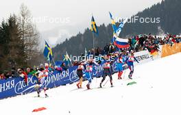 21.02.2013, Val di Fiemme, Italy (ITA):  l-r: Aurore Jean (FRA), Nicole Fessel (GER), Krista Lahteenmaki (FIN), Kikkan Randall (USA), Evgenia Shapovalova (RUS), Alena Prochazkova (SVK) - FIS nordic world ski championships, cross-country, individual sprint, Val di Fiemme (ITA). www.nordicfocus.com. © Felgenhauer/NordicFocus. Every downloaded picture is fee-liable.