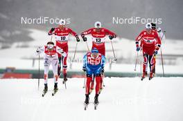 21.02.2013, Val di Fiemme, Italy (ITA): l-r:  Emil Joensson (SWE), Paal Golberg (NOR), Nikita Kriukov (RUS), Petter Northug (NOR), Eirik Brandsdal (NOR) - FIS nordic world ski championships, cross-country, individual sprint, Val di Fiemme (ITA). www.nordicfocus.com. © Felgenhauer/NordicFocus. Every downloaded picture is fee-liable.