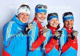 28.02.2013, Val di Fiemme, Italy (ITA): l-r: Yulia Tchekaleva (RUS), Mariya Guschina (RUS), Julia Ivanova (RUS), Alija Iksanova (RUS) - FIS nordic world ski championships, cross-country, medals, Val di Fiemme (ITA). www.nordicfocus.com. © Felgenhauer/NordicFocus. Every downloaded picture is fee-liable.