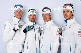 01.03.2013, Val di Fiemme, Italy (ITA): l-r: Daniel Richardsson (SWE), Johan Olsson (SWE), Calle Halfvarsson (SWE), Marcus Hellner (SWE) - FIS nordic world ski championships, cross-country, medals, Val di Fiemme (ITA). www.nordicfocus.com. © Felgenhauer/NordicFocus. Every downloaded picture is fee-liable.