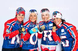 28.02.2013, Val di Fiemme, Italy (ITA): l-r: Heidi Weng (NOR), Therese Johaug (NOR), Kristin Stoermer Steira (NOR), Marit Bjoergen (NOR) - FIS nordic world ski championships, cross-country, medals, Val di Fiemme (ITA). www.nordicfocus.com. © Felgenhauer/NordicFocus. Every downloaded picture is fee-liable.