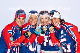 28.02.2013, Val di Fiemme, Italy (ITA): l-r: Heidi Weng (NOR), Therese Johaug (NOR), Kristin Stoermer Steira (NOR), Marit Bjoergen (NOR) - FIS nordic world ski championships, cross-country, medals, Val di Fiemme (ITA). www.nordicfocus.com. © Felgenhauer/NordicFocus. Every downloaded picture is fee-liable.