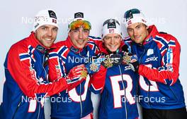 01.03.2013, Val di Fiemme, Italy (ITA): l-r: Tord Asle Gjerdalen (NOR), Eldar Roenning (NOR), Sjur Roethe (NOR), Petter Northug (NOR) - FIS nordic world ski championships, cross-country, medals, Val di Fiemme (ITA). www.nordicfocus.com. © Felgenhauer/NordicFocus. Every downloaded picture is fee-liable.