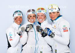 28.02.2013, Val di Fiemme, Italy (ITA):Charlotte Kalla (SWE), Anna Haag (SWE), Emma Wiken (SWE), Ida Ingemarsdotter (SWE) - FIS nordic world ski championships, cross-country, medals, Val di Fiemme (ITA). www.nordicfocus.com. © Felgenhauer/NordicFocus. Every downloaded picture is fee-liable.