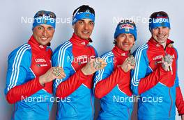 01.03.2013, Val di Fiemme, Italy (ITA): l-r: Alexander Legkov (RUS), Evgeniy Belov (RUS), Maxim Vylegzhanin (RUS), Sergey Ustiugov (RUS) - FIS nordic world ski championships, cross-country, medals, Val di Fiemme (ITA). www.nordicfocus.com. © Felgenhauer/NordicFocus. Every downloaded picture is fee-liable.