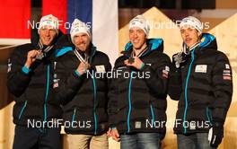 01.03.2013, Val di Fiemme, Italy (ITA): (l-r) Daniel Rickardsson (SWE), Fischer, One Way, Rottefella, Craft, Johan Olsson (SWE), Fischer, Swix, Alpina, Rottefella, Craft, Calle Halfvarsson (SWE), Fischer, One Way, Alpina, Rottefella, Craft and Marcus Hellner (SWE), Fischer, Swix, Salomon, Craft - FIS nordic world ski championships, cross-country, 4x10km men, Val di Fiemme (ITA). www.nordicfocus.com. © Laiho/NordicFocus. Every downloaded picture is fee-liable.