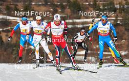 01.03.2013, Val di Fiemme, Italy (ITA): l-r: Alexander Legkov (RUS), Marcus Hellner (SWE), Sjur Roethe (NOR), Toni Livers (SUI), Roland Clara (ITA) - FIS nordic world ski championships, cross-country, 4x10km men, Val di Fiemme (ITA). www.nordicfocus.com. © Felgenhauer/NordicFocus. Every downloaded picture is fee-liable.