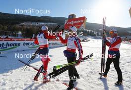 01.03.2013, Val di Fiemme, Italy (ITA): (l-r) Petter Northug (NOR), Fischer, Swix, Alpina, Rottefella, Tord Asle Gjerdalen (NOR), Atomic, One Way, Salomon, Swix, Skigo and Eldar Roenning (NOR), Rorrignol, Swix, Rottefella  - FIS nordic world ski championships, cross-country, 4x10km men, Val di Fiemme (ITA). www.nordicfocus.com. © Laiho/NordicFocus. Every downloaded picture is fee-liable.