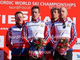01.03.2013, Val di Fiemme, Italy (ITA): (l-r) Sjur Roethe (NOR), Fischer, KV+, Salomon, Swix , Eldar Roenning (NOR), Rorrignol, Swix, Rottefella, Petter Northug (NOR), Fischer, Swix, Alpina, Rottefella and Tord Asle Gjerdalen (NOR), Atomic, One Way, Salomon, Swix, Skigo - FIS nordic world ski championships, cross-country, 4x10km men, Val di Fiemme (ITA). www.nordicfocus.com. © Laiho/NordicFocus. Every downloaded picture is fee-liable.