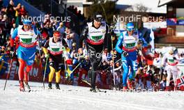 01.03.2013, Val di Fiemme, Italy (ITA): l-r: Maxim Vylegzhanin (RUS), Tobias Angerer (GER), Dario Cologna (SUI), Giorgio Di Centa (ITA) - FIS nordic world ski championships, cross-country, 4x10km men, Val di Fiemme (ITA). www.nordicfocus.com. © Felgenhauer/NordicFocus. Every downloaded picture is fee-liable.