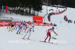 28.02.2013, Val di Fiemme, Italy (ITA): action in the first leg, Heidi Weng (NOR), Madshus, Swix, Alpina, Rottefella followed by Ida Ingemarsdotter (SWE), Rossignol, One Way, Rottefella, Craft, Rudy Project  - FIS nordic world ski championships, cross-country, 4x5km women, Val di Fiemme (ITA). www.nordicfocus.com. © Laiho/NordicFocus. Every downloaded picture is fee-liable.