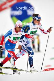 28.02.2013, Val di Fiemme, Italy (ITA): l-r: Alija Iksanova (RUS), Celia Aymonier (FRA) - FIS nordic world ski championships, cross-country, 4x5km women, Val di Fiemme (ITA). www.nordicfocus.com. © Felgenhauer/NordicFocus. Every downloaded picture is fee-liable.