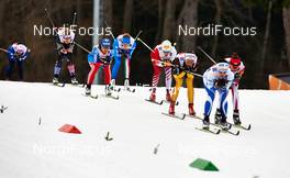 28.02.2013, Val di Fiemme, Italy (ITA): l-r: Sadie Bjornsen (USA), Julia Ivanova (RUS), Lucia Scardoni (ITA), Katerina Smutna (AUT), Nicole Fessel (GER), Triin Ojaste (EST) - FIS nordic world ski championships, cross-country, 4x5km women, Val di Fiemme (ITA). www.nordicfocus.com. © Felgenhauer/NordicFocus. Every downloaded picture is fee-liable.