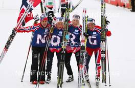 28.02.2013, Val di Fiemme, Italy (ITA):  (l-r) Heidi Weng (NOR), Madshus, Swix, Alpina, Rottefella, Therese Johaug (NOR), Fischer, Swix, Salomon, Kristin Steira (NOR), Madshus, One Way, Salomon, Swix and Marit Bjoergen (NOR), Fischer, Swix, Rottefella - FIS nordic world ski championships, cross-country, 4x5km women, Val di Fiemme (ITA). www.nordicfocus.com. © Laiho/NordicFocus. Every downloaded picture is fee-liable.