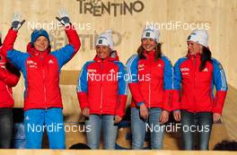 01.03.2013, Val di Fiemme, Italy (ITA): (l-r) Julia Ivanova (RUS), Fischer, Swix, Salomon, Adidas, Alina Iksanova (RUS), Fischer, Swix, Salomon, Adidas, Mariya Guschina (RUS), Fischer, Swix, Alpina, Rottefella, Adidas and Yulia Tchekaleva (RUS), Fischer, Swix, Alpina, Rottefella, Adidas  - FIS nordic world ski championships, cross-country, 4x5km women, Val di Fiemme (ITA). www.nordicfocus.com. © Laiho/NordicFocus. Every downloaded picture is fee-liable.