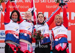 28.02.2013, Val di Fiemme, Italy (ITA):  (l-r) Marit Bjoergen (NOR), Fischer, Swix, Rottefella, Kristin Steira (NOR), Madshus, One Way, Salomon, Swix, Heidi Weng (NOR), Madshus, Swix, Alpina, Rottefella and Therese Johaug (NOR), Fischer, Swix, Salomon - FIS nordic world ski championships, cross-country, 4x5km women, Val di Fiemme (ITA). www.nordicfocus.com. © Laiho/NordicFocus. Every downloaded picture is fee-liable.