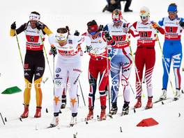 28.02.2013, Val di Fiemme, Italy (ITA): l-r: Nicole Fessel (GER), Ida Ingemarsdotter (SWE), Heidi Weng (NOR), Aurore Jean (FRA), Katerina Smutna (AUT) - FIS nordic world ski championships, cross-country, 4x5km women, Val di Fiemme (ITA). www.nordicfocus.com. © Felgenhauer/NordicFocus. Every downloaded picture is fee-liable.