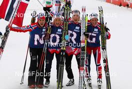 28.02.2013, Val di Fiemme, Italy (ITA): (l-r) Heidi Weng (NOR), Madshus, Swix, Alpina, Rottefella, Therese Johaug (NOR), Fischer, Swix, Salomon, Kristin Steira (NOR), Madshus, One Way, Salomon, Swix and Marit Bjoergen (NOR), Fischer, Swix, Rottefella  - FIS nordic world ski championships, cross-country, 4x5km women, Val di Fiemme (ITA). www.nordicfocus.com. © Laiho/NordicFocus. Every downloaded picture is fee-liable.