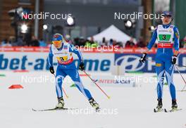 28.02.2013, Val di Fiemme, Italy (ITA):  (l-r) Riitta-Liisa Roponen (FIN), Fischer, Leki, Rottefella, Craft and Kerttu Niskanen (FIN), Fischer, Swix, Rottefella, Craft - FIS nordic world ski championships, cross-country, 4x5km women, Val di Fiemme (ITA). www.nordicfocus.com. © Laiho/NordicFocus. Every downloaded picture is fee-liable.