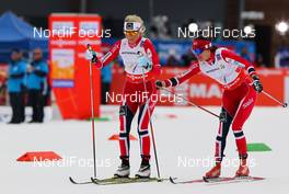 28.02.2013, Val di Fiemme, Italy (ITA): (l-r) Therese Johaug (NOR), Fischer, Swix, Salomon anf Heidi Weng (NOR), Madshus, Swix, Alpina, Rottefella  - FIS nordic world ski championships, cross-country, 4x5km women, Val di Fiemme (ITA). www.nordicfocus.com. © Laiho/NordicFocus. Every downloaded picture is fee-liable.