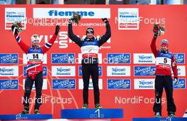 23.02.2013, Val di Fiemme, Italy (ITA): l-r: Martin Johnsrud Sundby (NOR), Dario Cologna (SUI), Sjur Roethe (NOR) - FIS nordic world ski championships, cross-country, skiathlon men, Val di Fiemme (ITA). www.nordicfocus.com. © Felgenhauer/NordicFocus. Every downloaded picture is fee-liable.
