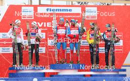 24.02.2013, Val di Fiemme, Italy (ITA):  (l-r) Marcus Hellner (SWE), Fischer, Swix, Salomon, Craft, Emil Joensson (SWE), Fischer, Swix, Salomon, Craft, Nikita Kriukov (RUS), Rossignol, Swix, Rottefella, Adidas, Alexey Petukhov (RUS), Fischer, Swix, Rottefella, Adidas, Alexey Poltoranin (KAZ), Fischer, Swix, Rottefella and Nikolay Chebotko (KAZ), Fischer, Swix, Rottefella - FIS nordic world ski championships, cross-country, team sprint, Val di Fiemme (ITA). www.nordicfocus.com. © Laiho/NordicFocus. Every downloaded picture is fee-liable.