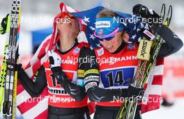24.02.2013, Val di Fiemme, Italy (ITA): (l-r) Jessica Diggins (USA), Salomon, One Way and Kikkan Randall (USA), Fischer, Swix, Salomon  - FIS nordic world ski championships, cross-country, team sprint, Val di Fiemme (ITA). www.nordicfocus.com. © Laiho/NordicFocus. Every downloaded picture is fee-liable.
