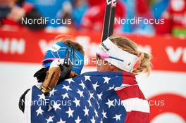 24.02.2013, Val di Fiemme, Italy (ITA): l-r: Kikkan Randall (USA), Jessica Diggins (USA) - FIS nordic world ski championships, cross-country, team sprint, Val di Fiemme (ITA). www.nordicfocus.com. © Felgenhauer/NordicFocus. Every downloaded picture is fee-liable.