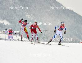 24.02.2013, Val di Fiemme, Italy (ITA): l-r:  Sarah Young (GBR), Daria Gaiazova (CAN), Iryna Leletko (UKR), Triin Ojaste (EST) - FIS nordic world ski championships, cross-country, team sprint, Val di Fiemme (ITA). www.nordicfocus.com. © Felgenhauer/NordicFocus. Every downloaded picture is fee-liable.