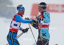 24.02.2013, Val di Fiemme, Italy (ITA):  (l-r) Nikita Kriukov (RUS), Rossignol, Swix, Rottefella, Adidas and Alexey Poltoranin (KAZ), Fischer, Swix, Rottefella - FIS nordic world ski championships, cross-country, team sprint, Val di Fiemme (ITA). www.nordicfocus.com. © Laiho/NordicFocus. Every downloaded picture is fee-liable.