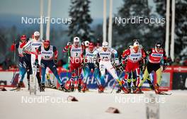 01.12.2013, Kuusamo, Finland (FIN): Alexander Legkov (RUS), Martin Johnsrud Sundby (NOR), Maxim Vylegzhanin (RUS), Marcus Hellner (SWE), Chris Andre Jespersen (NOR), Lukas Bauer (CZE), (l-r) - FIS world cup cross-country, pursuit men, Kuusamo (FIN). www.nordicfocus.com. © Felgenhauer/NordicFocus. Every downloaded picture is fee-liable.