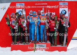 08.12.2013, Lillehammer, Norway (NOR): (l-r) teams on the podium (l-r) Norway 2, Russia (RUS) and Norway 1 - FIS world cup cross-country, 4x7.5km men, Lillehammer (NOR). www.nordicfocus.com. © Laiho/NordicFocus. Every downloaded picture is fee-liable.