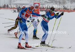 08.12.2013, Lillehammer, Norway (NOR): (l-r) Ville Nousiainen (FIN), Peltonen, Rex, Alpina, Rottefella, Craft and Lari Lehtonen (FIN), Fischer, One Way, Rottefella, Craft - FIS world cup cross-country, 4x7.5km men, Lillehammer (NOR). www.nordicfocus.com. © Laiho/NordicFocus. Every downloaded picture is fee-liable.