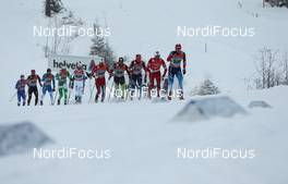 08.12.2013, Lillehammer, Norway (NOR): Alexander Bessmertnykh (RUS), Madshus, Swix, Alpina, Rottefella, Adidas followed by Didrik Toenseth (NOR), Madshus, Swix, Alpina, Rottefella, Skigo and Alexander Utkin (RUS), Fischer, Swix, Alpina, Rottefella, Adidas - FIS world cup cross-country, 4x7.5km men, Lillehammer (NOR). www.nordicfocus.com. © Laiho/NordicFocus. Every downloaded picture is fee-liable.