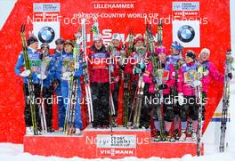 08.12.2013, Lillehammer, Norway (NOR): teams on the podium (l-r) Finland (FIN), Norway (NOR) and United States of America (USA) - FIS world cup cross-country, 4x5km women, Lillehammer (NOR). www.nordicfocus.com. © Laiho/NordicFocus. Every downloaded picture is fee-liable.