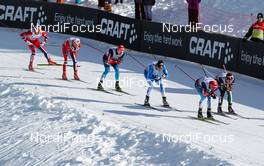 15.12.2013, Davos, Switzerland (SUI): men´s final (l-r) Anders Gloeersen (NOR), Fischer, Swix, Alpina, Rottefella, Finn Hagen Krogh (NOR), Fischer, Swix, Alpina, Rottefella, Sergey Ustiugov (RUS), Fischer, Swix Adidas, Martti Jylhae (FIN), Salomon, Swix, Craft, Alexey Petukhov (RUS), Fischer, Swix, Rottefella, Adidas and Federico Pellegrino (ITA), Rossignol, Rottefella - FIS world cup cross-country, individual sprint, Davos (SUI). www.nordicfocus.com. © Laiho/NordicFocus. Every downloaded picture is fee-liable.