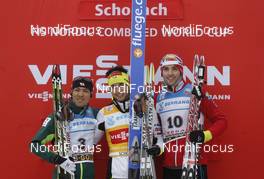 06.01.2013, Schonach, Germany (GER): podium, l-r: Akito Watabe (JPN), Fischer, Swix, Rottefella, Jason Lamy Chappuis (FRA), Salomon, Swix, One Way, Magnus Moan (NOR), Madshus, Rottefella, Swix- FIS world cup nordic combined, individual gundersen HS106/10km, Schonach (GER). www.nordicfocus.com. © Domanski/NordicFocus. Every downloaded picture is fee-liable.