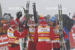 05.01.2013, Schonach, Germany (GER): l-r: Haavard Klemetsen (NOR), Fischer, Swix, Alpina, Rottefella, Fischer, Joergen Graabak (NOR), Fischer, Magnus Moan (NOR), Madshus, Rottefella, Swix, Mikko Kokslien (NOR), Fischer, Swix, Rottefella - FIS world cup nordic combined, team HS106/4x5km, Schonach (GER). www.nordicfocus.com. © Domanski/NordicFocus. Every downloaded picture is fee-liable.