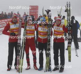 05.01.2013, Schonach, Germany (GER): l-r: Magnus Moan (NOR), Madshus, Rottefella, Swix, Joergen Graabak (NOR), Fischer, Mikko Kokslien (NOR), Fischer, Swix, Rottefella,  Haavard Klemetsen (NOR), Fischer, Swix, Alpina, Rottefella- FIS world cup nordic combined, team HS106/4x5km, Schonach (GER). www.nordicfocus.com. © Domanski/NordicFocus. Every downloaded picture is fee-liable.